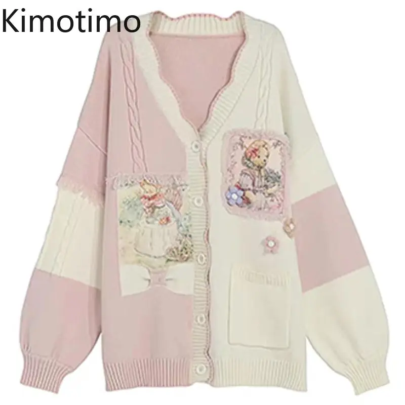 

Kimotimo Japanese Cartoon Jacquard Knitted Cardigan Women Autumn Winter Sweet Loose V Neck Patchwork Long Sleeve Sweater Coat