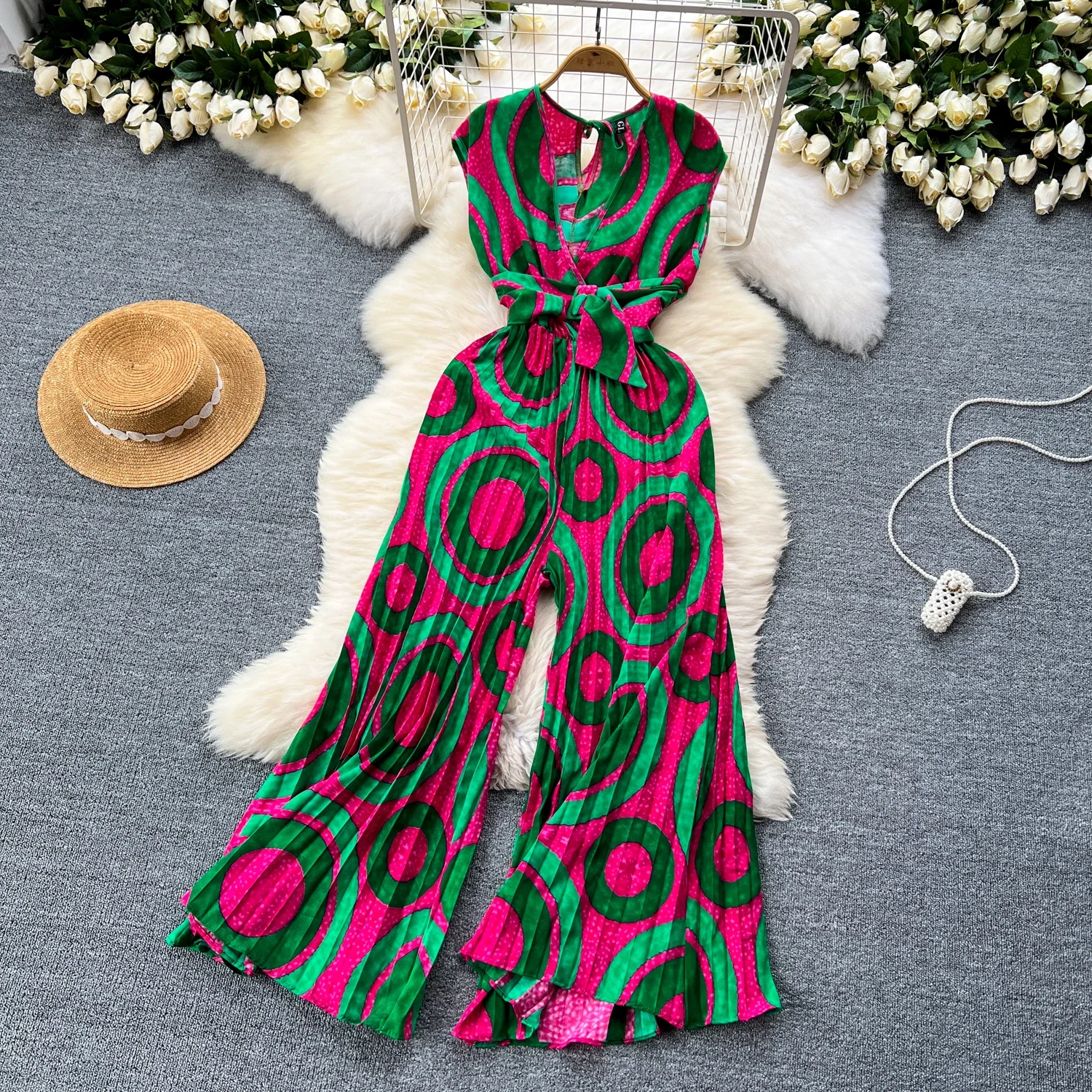 2024 Summer Elegant Women Abstract Print Jumpsuit Chic Streetwear Wide Leg Romper Mujer V Neck Bodycon Sleeveless High Jumps