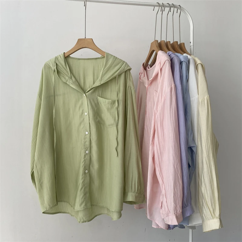 Koreaanse geplooide stof dames zomer casual lichtgewicht airconditioning zonwering irt jas lange Sve capuchon halflange lengte