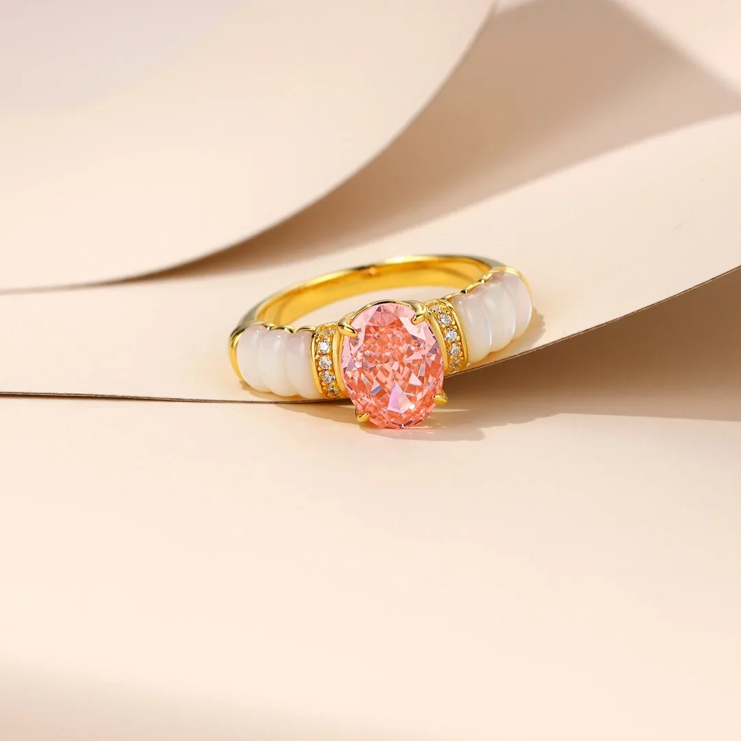 Nexil Jewelry  1.5Ct 6*8mm Oval Cut Artificial Pink Diamond Ring Shell Inlay 925 Sterling Silver Yelllow Color Jewelry Birthsto