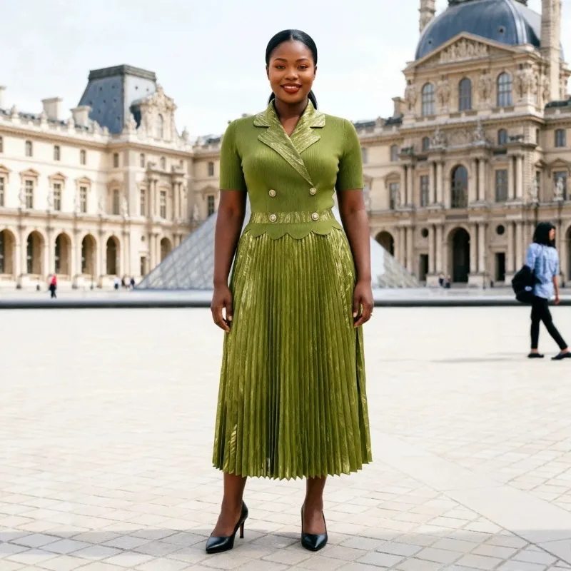 

Miyake Pleated Dresses Plisse 2026 Summer Plus Size New Fold Dress Fashionable Gold Embossed Elegant Suit Collar Long Dress