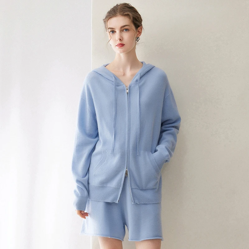 100% Pure Cashmere Two-Piece Set Women's Hooded Zipper Cardigan+Casual Shorts Autumn Winter New Warm Set Fashion Korean Version.