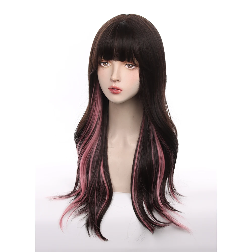 شعر مستعار طويل مستقيم أسود أومبير وردي مقاوم للحرارة مع لوليتا صناعية للنساء للحفلات التنكرية يوميًا