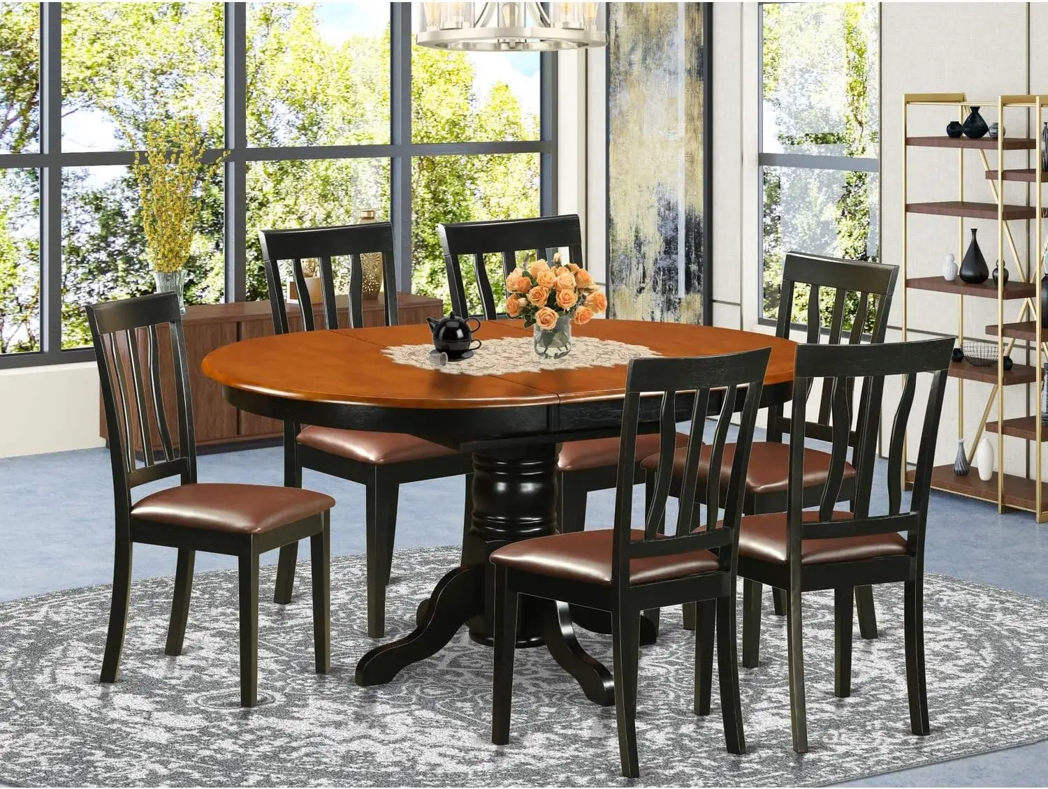 7 Piece Dining Room Table Set Consist of an Oval Kitchen Table with Butterfly Leaf and 6 Faux Leather Upholstered Dining Chairs