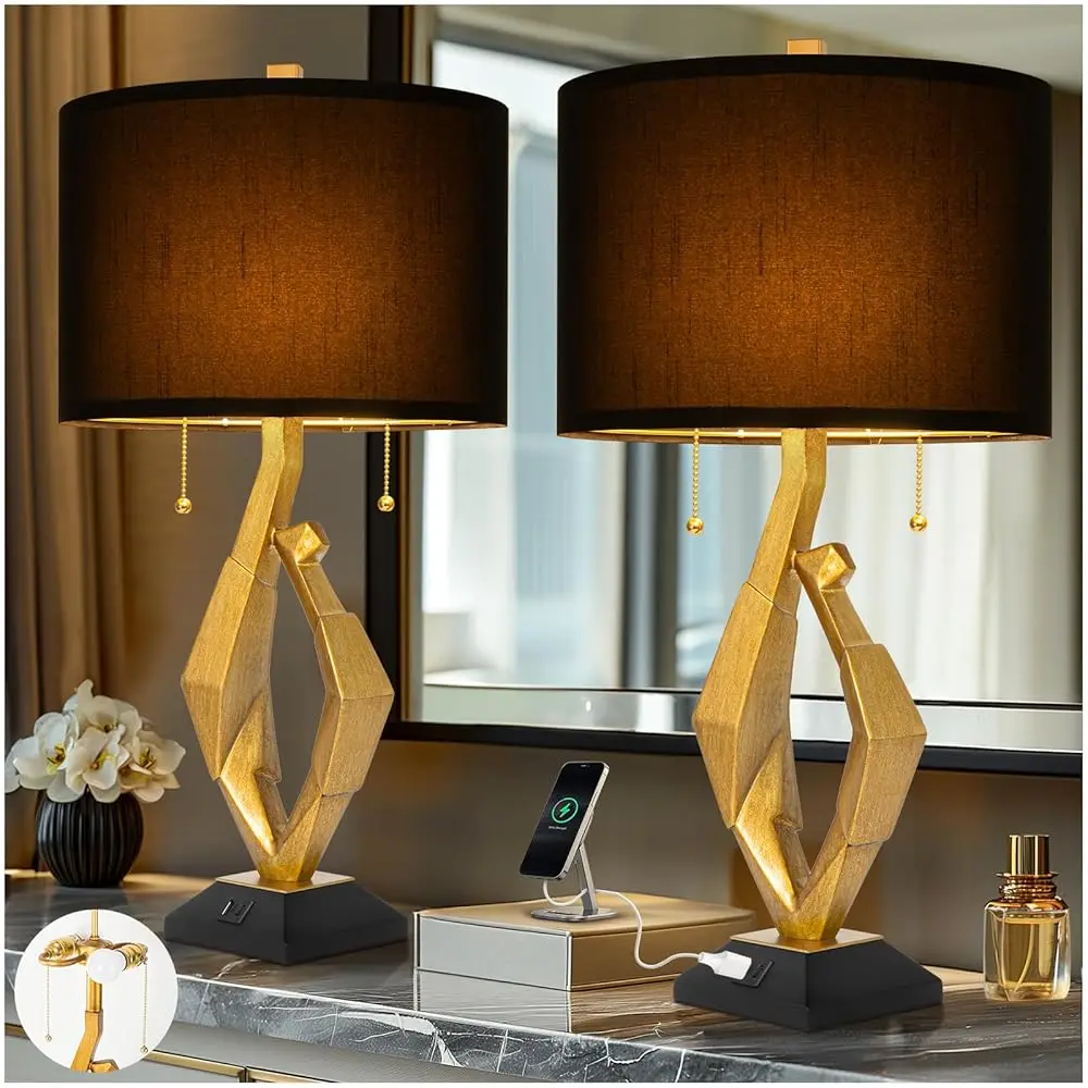 

Sculptural Table Lamp Set Of 2 With Usb Ports For Living Room, Gold Leaf Finish Farmhouse Bedside Lamps With S Cluster Pull