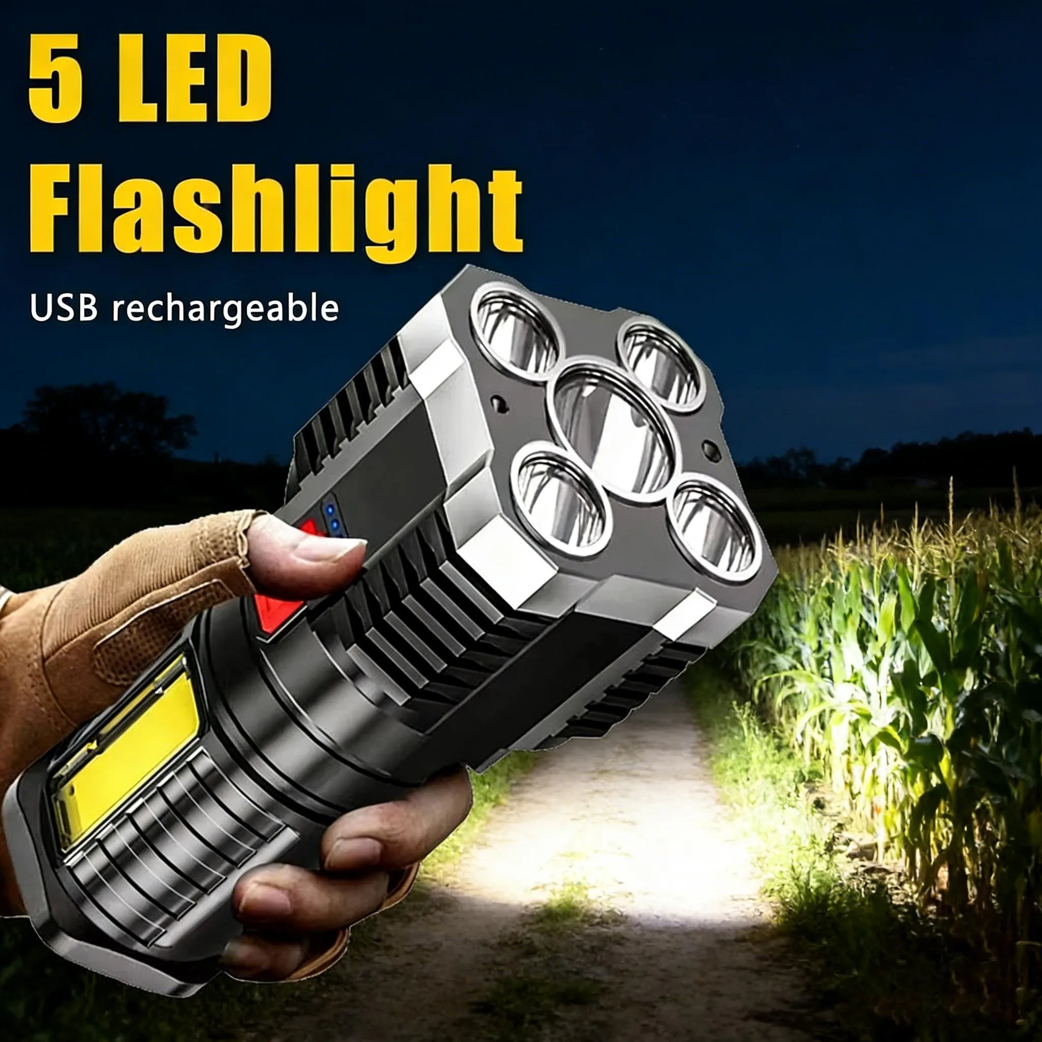 

5LED High Power Led Flashlights Rechargeable Camping Spotlight with Side Light 3 Lighting Modes for Camping Adventure Outdoor