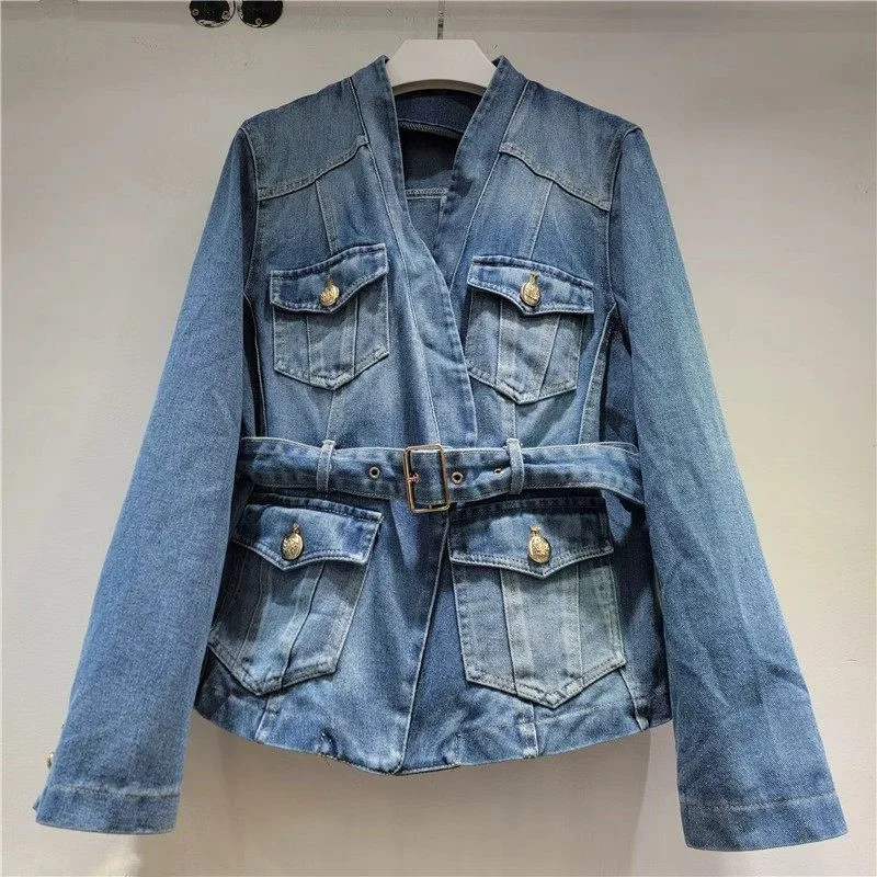 Multi-Pocket Design Blue Denim Jacket With Sashes Slim V-Neck Long Sleeve Spring Autumn New Women Jeans Jacket Coat Streetwear
