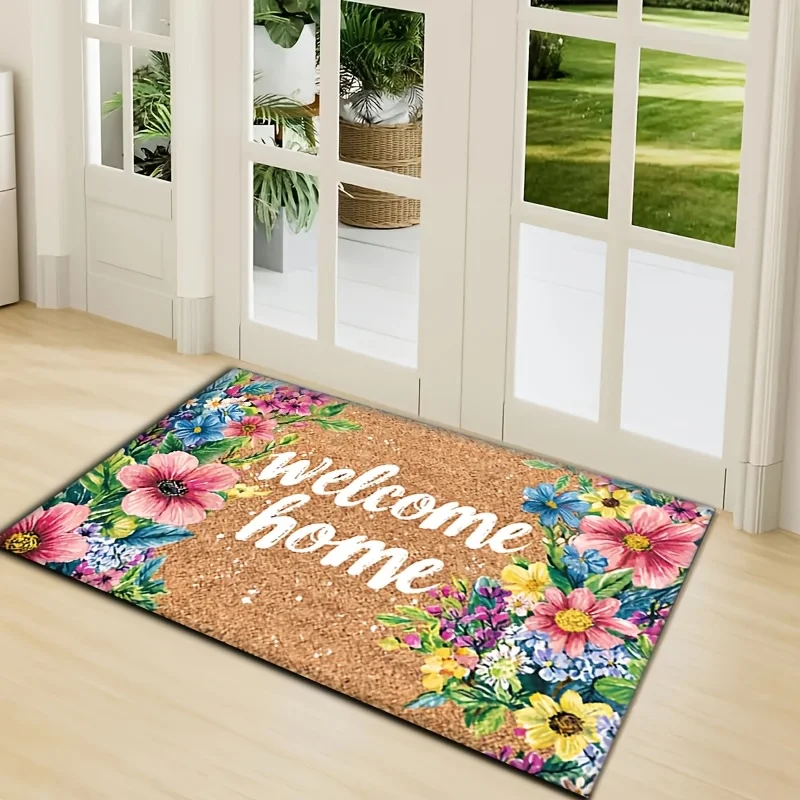 1pc [Velumis] Funny Welcome Home Doormat Compatible for - Colorful Multicolor Floral Welcome with Non-Slip Rubber Backing, Mac