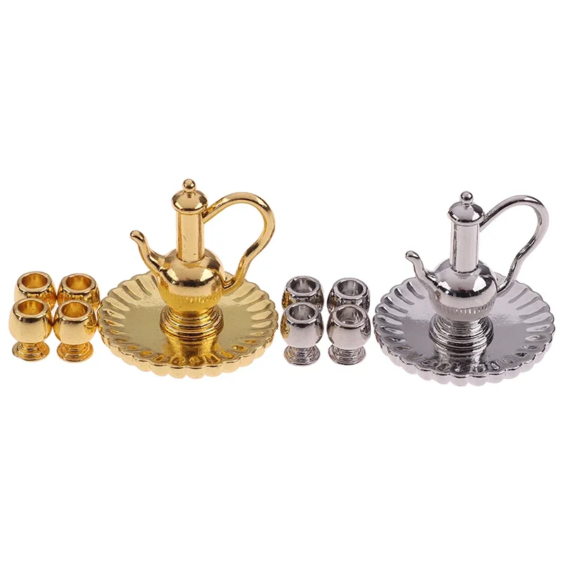 1: 12 Set da tè in metallo in miniatura per casa delle bambole, teiera, tazza, piatto, mobili, giocattoli