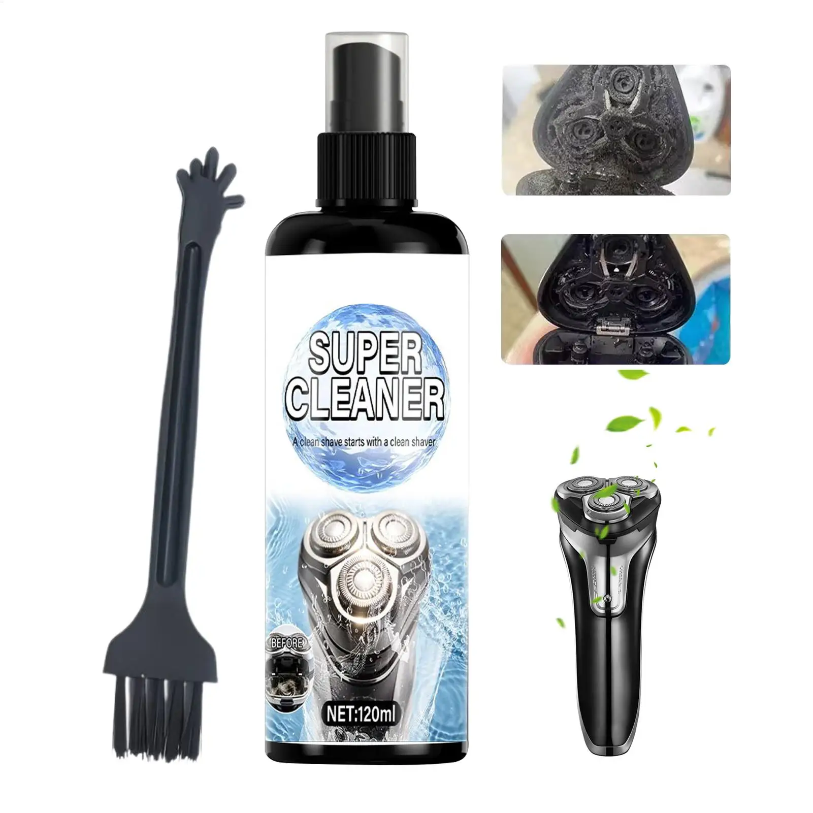 

Спрей для чистки электробритв 120 мл с щеткой для ухода за бритвами и триммерами, для домашнего использования, парикмахерских, ванной и душа
