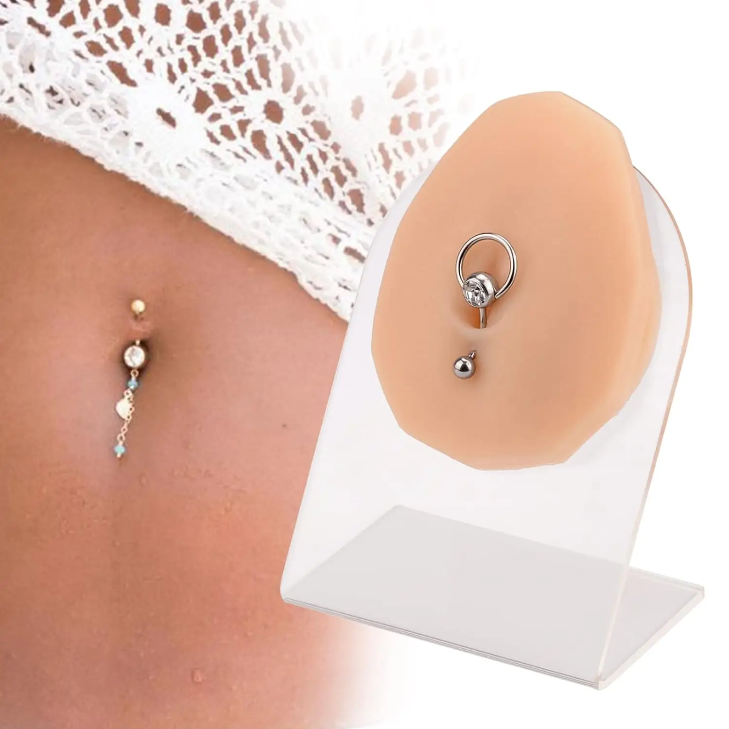 Soft Silicone Navel Piercing Model with Acrylic Bracket, Body Parts Mold for Piercing Practice and Jewelry Display