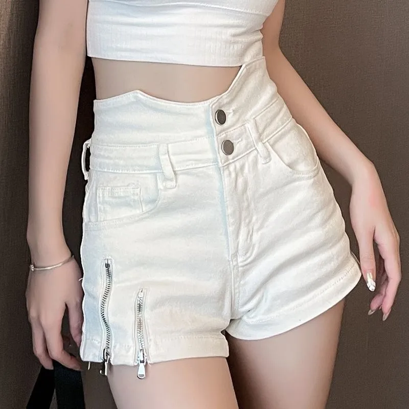 Denim Fabric Shorts Women's Summer New Versatile Design Zipper Trouser High Waist Thin Slim Wide Leg A-line Hot Short Jean Pants