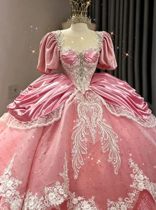 Pink Satin Princess Quinceanera Gown Puff Sleeve Silver Lace Beaded Appliqué Prom Dress Customized vestidos de 15 quinceañera