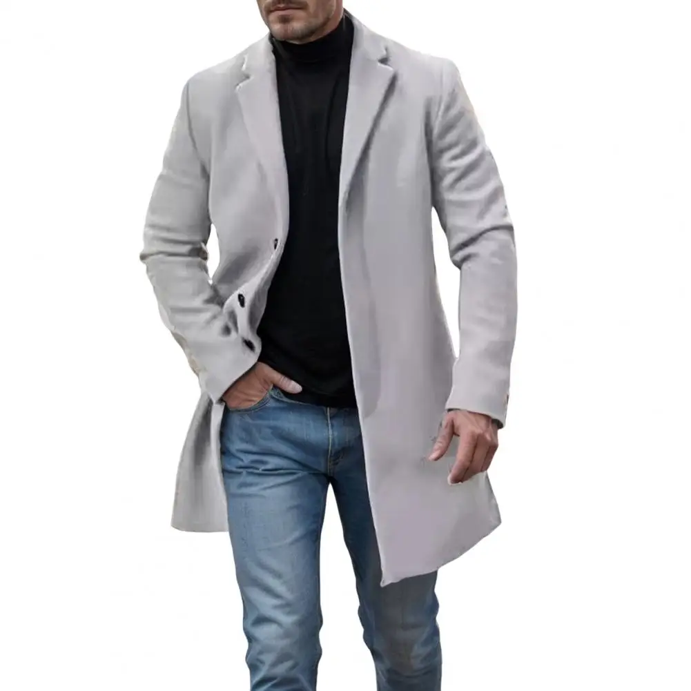 Winter Coat Stylish Men's Woolen Coat with Lapel Design Single-breasted Closure Solid Color Mid-length Thigh-length for Autumn