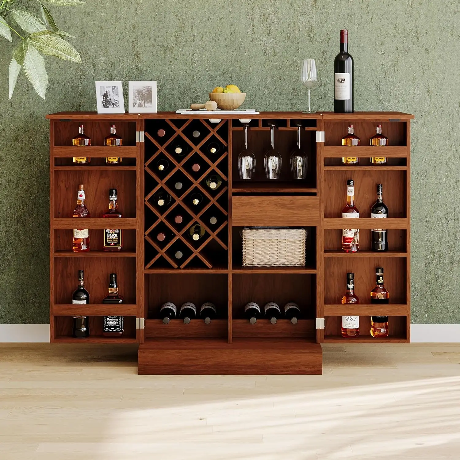 Carved Wine Bar Cabinet,Farmhouse Wooden Sideboard Buffet with 24 Wine Rack and 3 Size Glass Holder,Freestanding Liquor Cabinet