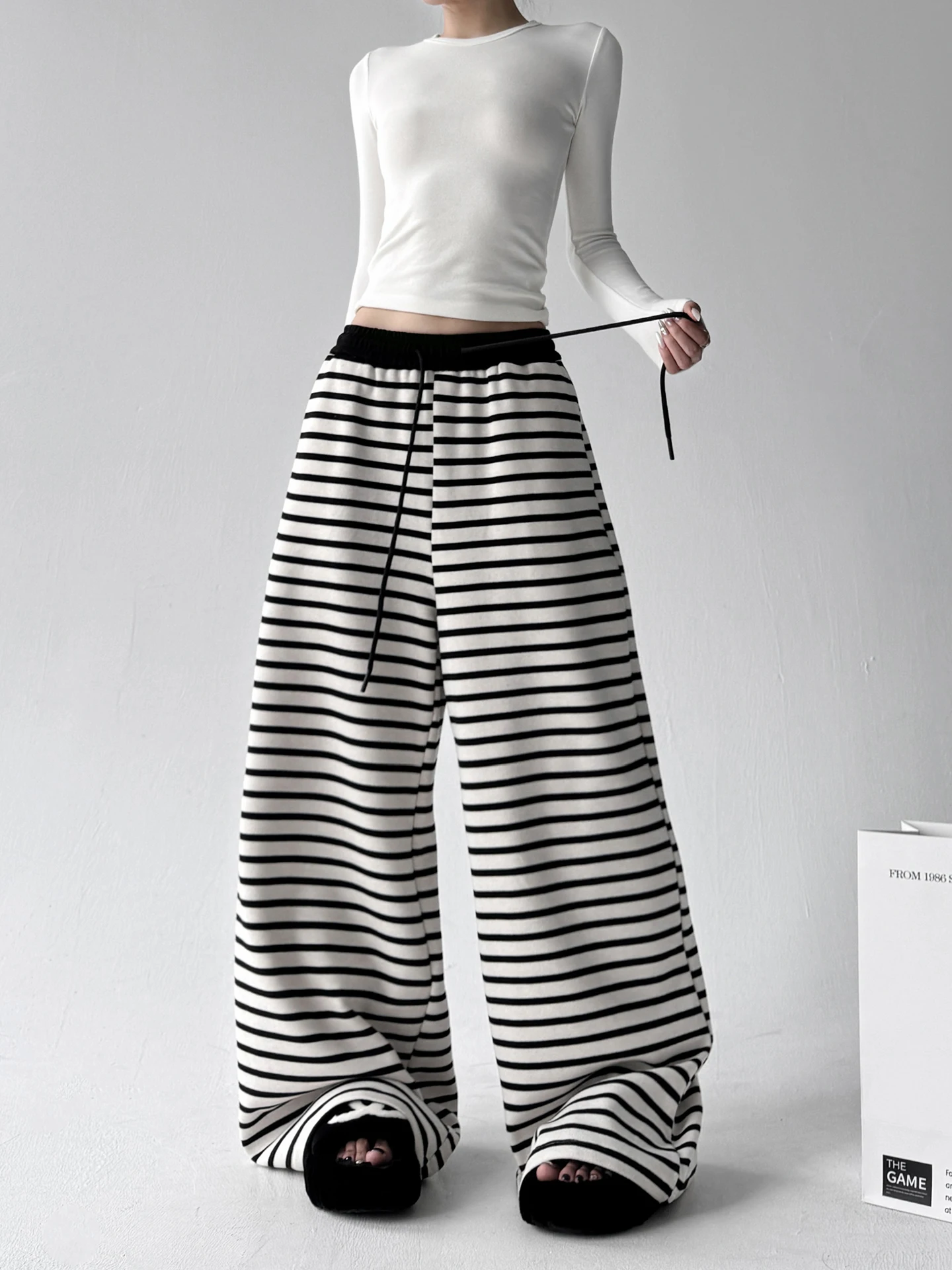 المرأة عادية مخطط بنطال ذو قصة أرجل واسعة عالية الخصر بنطلون الطابق طول ثنى المرقعة الخريف الشتاء جديد Sle فضفاض صالح