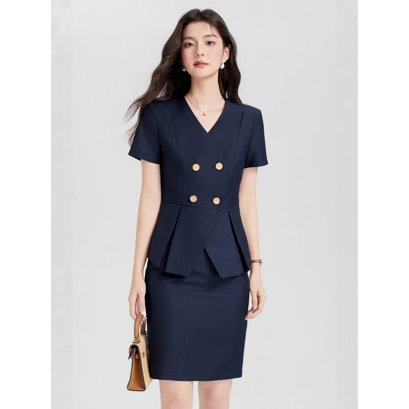 

Новый женский костюм-двойка с коротким рукавом 2026 года, профессиональный деловой комплект, приталенный крой, двубортный, элегантный, для офиса