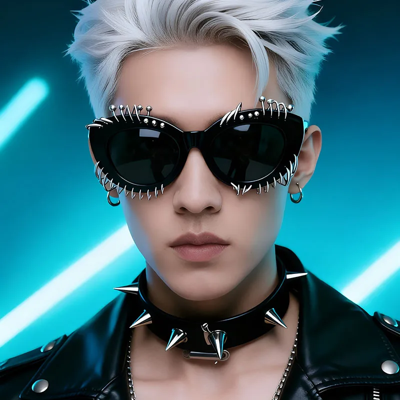 Gothic Style Punk Rivet Sunglasses Square Circular Ring Cat Eye Big Frame Fashion Street Cool Street Photography Punk Eyewears