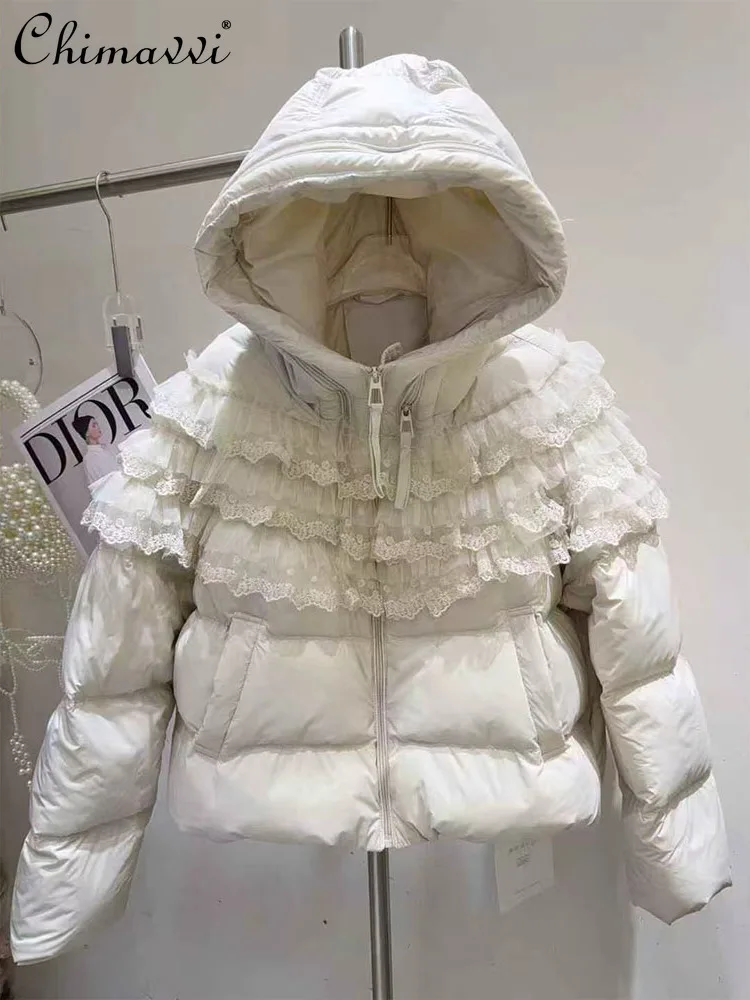 

2025 Winter New Korean Fashion Sweet Heavy Lace Ruffle Patchwork Hooded Jacket Fashion Thickened Warm Duck Down Coat Women