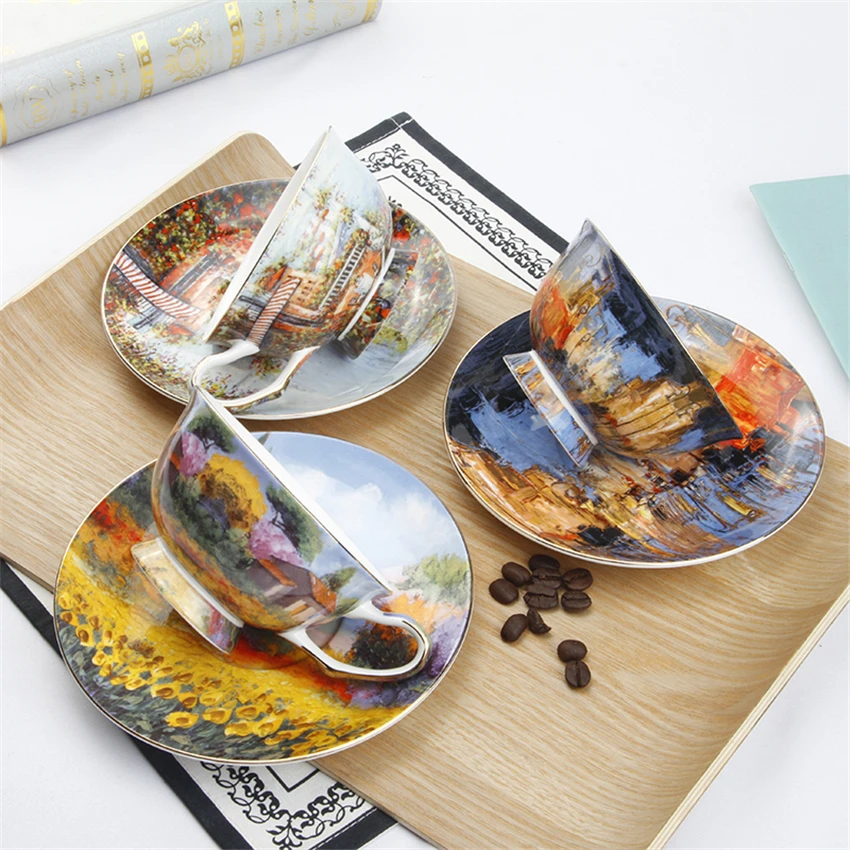 Europe Art Painting Coffee Cup Set Creative Oil Painting Bone China Porcelain Cups And Saucers For Afternoon Tea Party Drinkwear