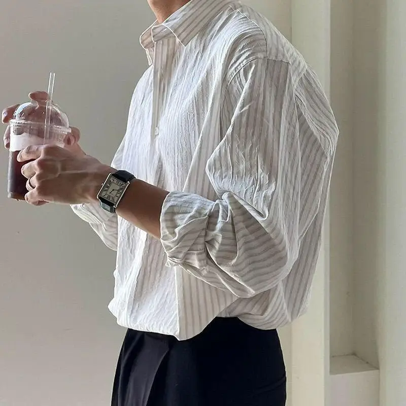 

Men's Vintage Fashion Japanese Style Striped Business Casual Shirt Spring Summer Lapel Long Sleeve Loose Tops Camisas De Hombre