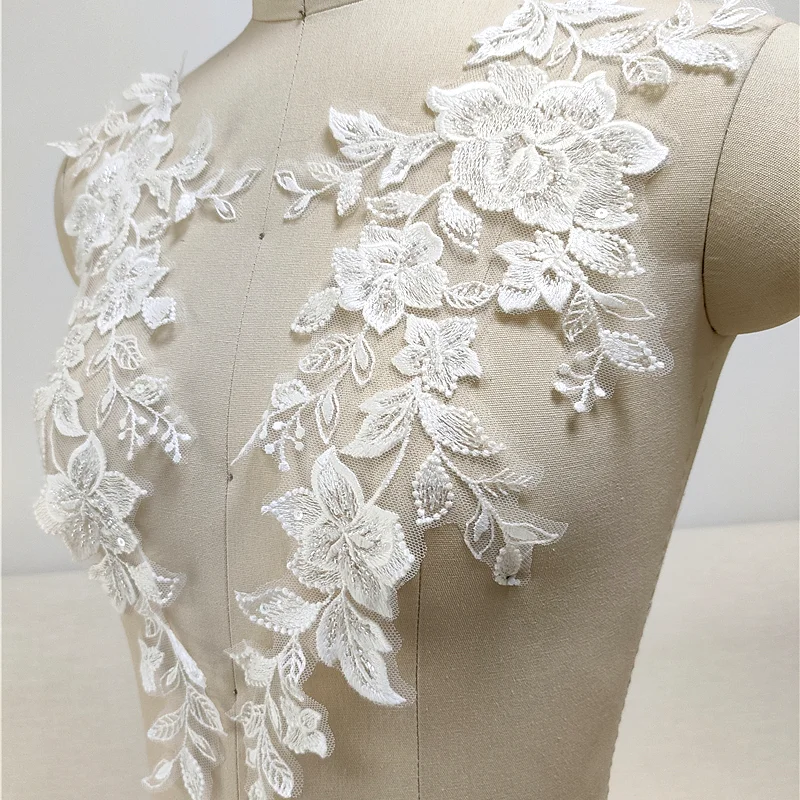 2PCS Off White Lace Fabric 3D Flower Tassel Beads Rhinestone Embroidered Wedding Gown Appliques Sew Patch For Dress DIY Decor