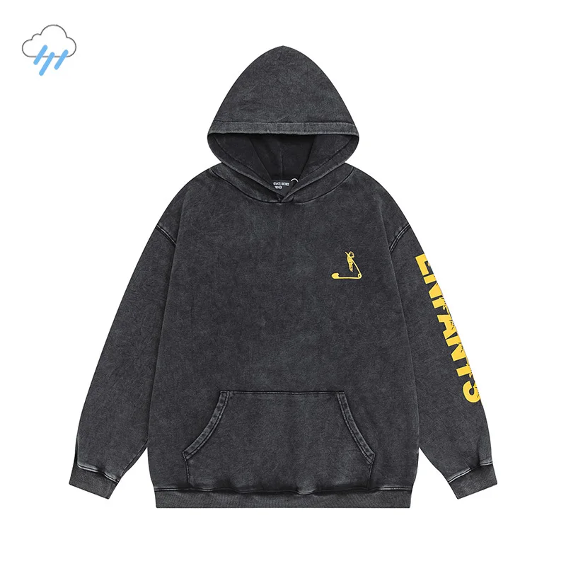 Vintage Washed Black Oversized ERD Hoodie Hooded Yellow Letter Barcode Printing Enfants Riches Deprimes Pullovers For Men Women