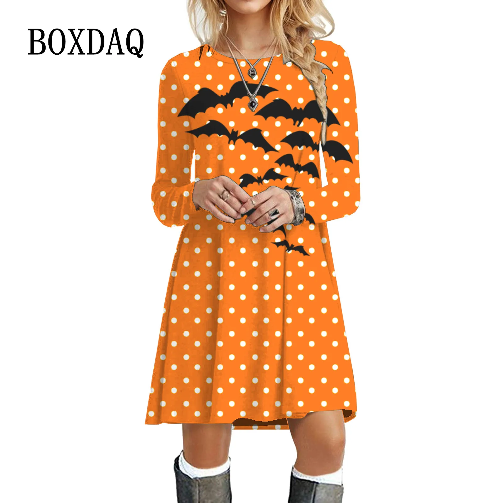 2023 Fashion Long Sleeve Dress Dot Bat Print Mini Dress Autumn Winter Women Round Neck Casual Party Halloween Clothing Plus Size