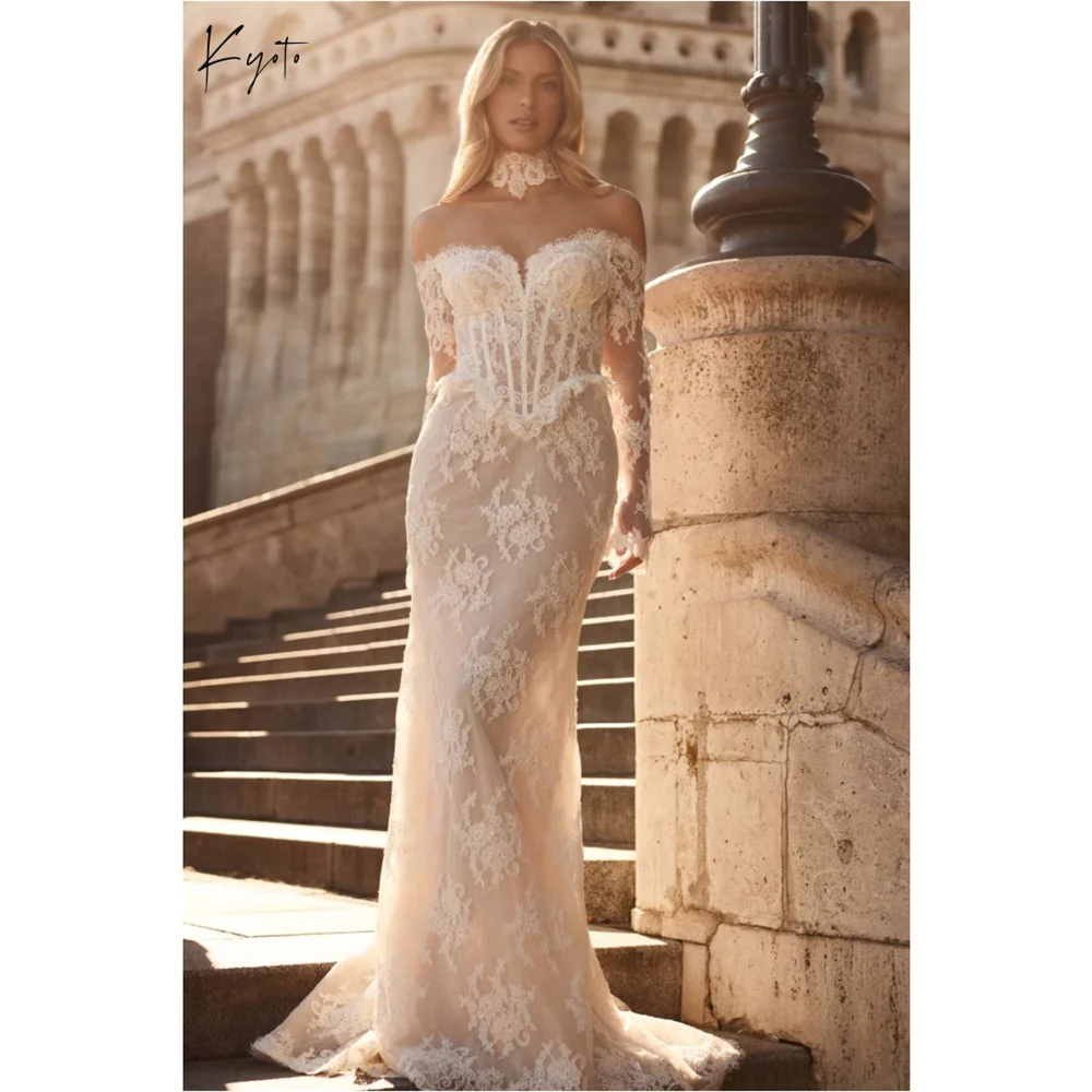 

Kyoto Customized White Off the Shoulder Wedding Dress Long Sleeves Lace Mermaid vestidos de noche Court Train robe de mariée