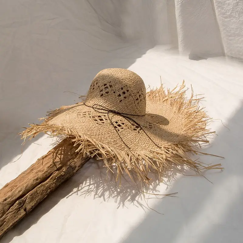 Women Handmade Woven Raffia Straw for Sun Hat Big Wide Brim Floppy Fringe Tassels Sunscreen Hollow Out Circle Bucket Dropsale