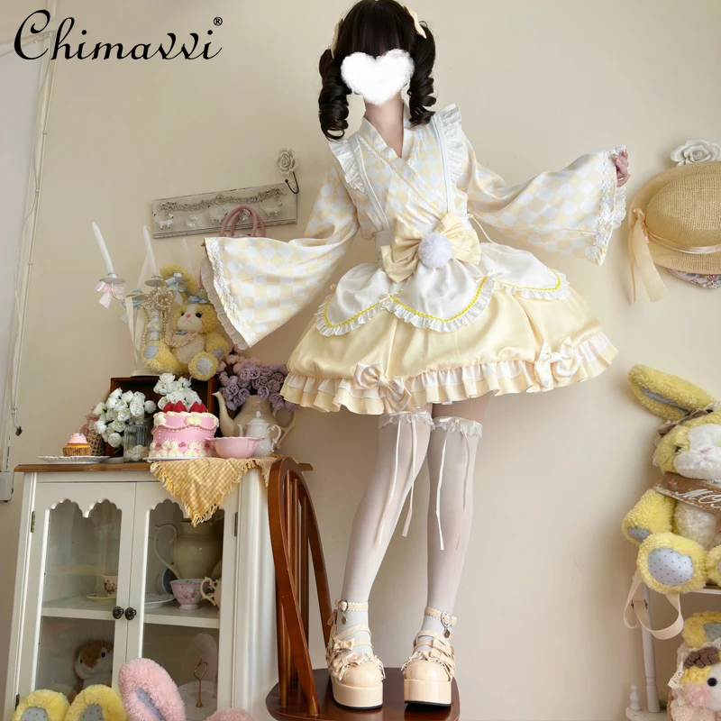 

Lolita Dresses Sweet Cute Japanese Style Female Girls Autumn New Maid V-neck Diamond Top Waist Bow and Skirt Outfits