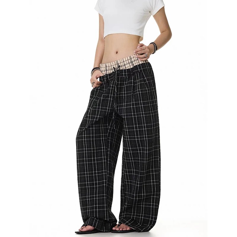 YIBASHU Women Black Pants Baggy Casual Pants Harajuku Japanese 2000s Style Y2k Vintage Plaid Splice Trousers Clothes Autumn 2026