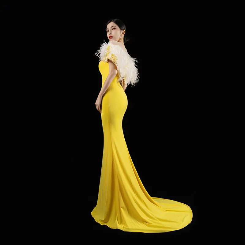 Baisha Fashion Elegant Party Dresses For Women 2024 Sexy Evening Gown With Ostrich Hair Luxury Long Gown H365