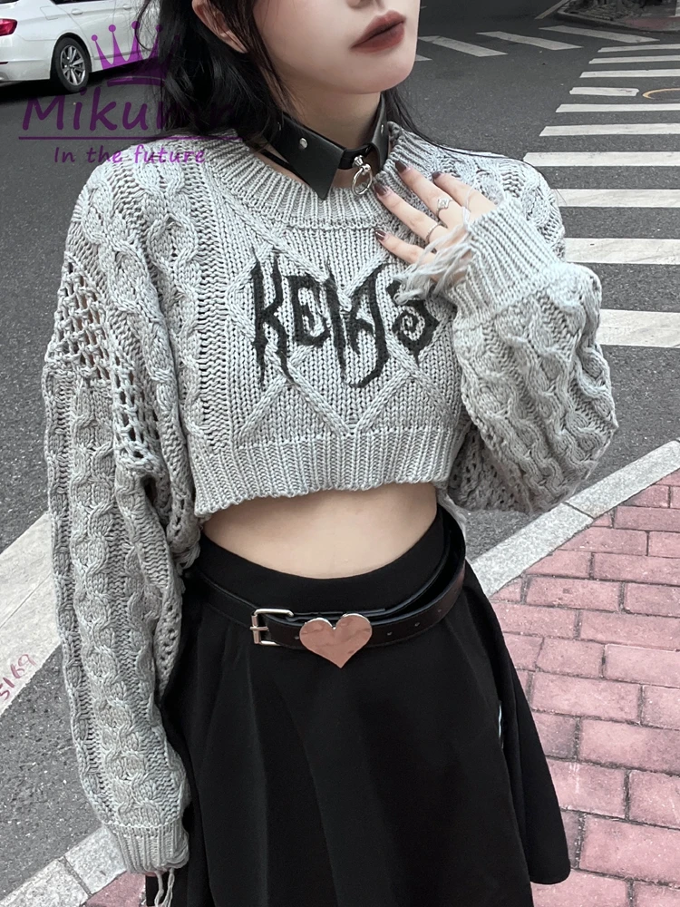 Harajuku Y2k Punk Rock Black Grey Lettert Printed Short Sweater Women's Long Sleeve Gothic Streetwear O-neck Sweater Knitwear