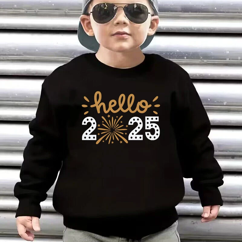 Children's Sweatshirt Hello 2025 Print Boy and Girl Pullover Autumn Long Sleeve Happy New Year Y2K Sudaderas Kids Fashion Hoodie