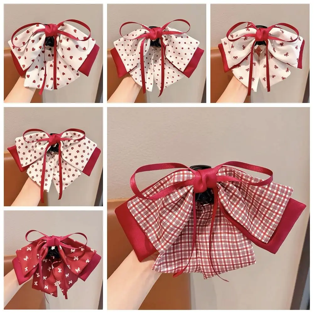 Temperament Korean Style Sweet Bow Hair Clip Plaid Red Ponytail Buckle Clip Ponytail Hairpin Bow Princess Hair Claw Decoration