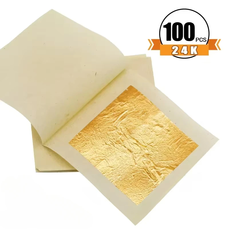 24K Gold Leaf Sheets 100pcs Gold Flakes Foil for Wall Decoration, Paper Arts, Handicrafts Gilding, Practical in Craft