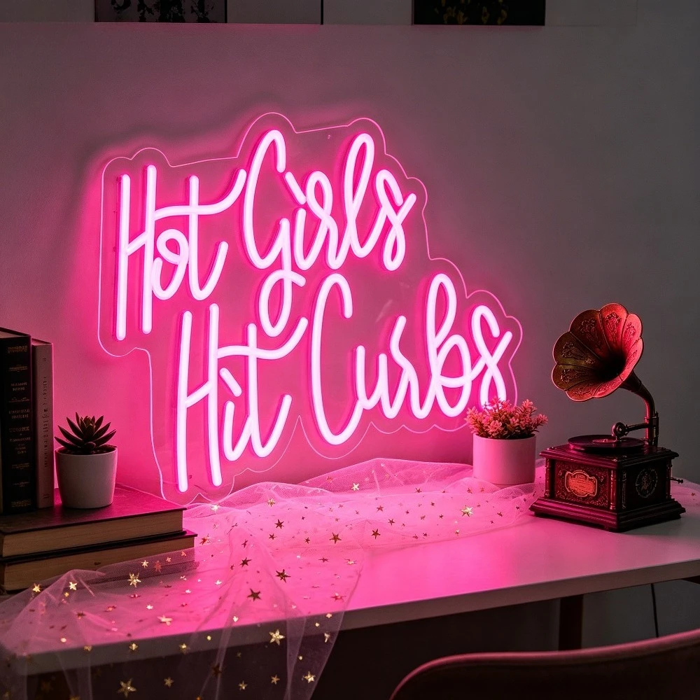 

Hot Girls Hit Curves Neon Sign LED Wall Art Funny Slogan Girl Room Decor USB Power Romantic Pink Night Light Gift for Women