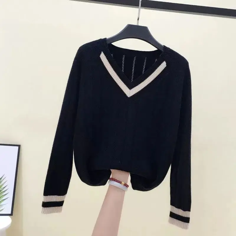 

Woman Clothes Black V Neck Sweater Contrast Color Trim on Collar Cuffs Ideal for Casual Outings Office Days Trendy Layering