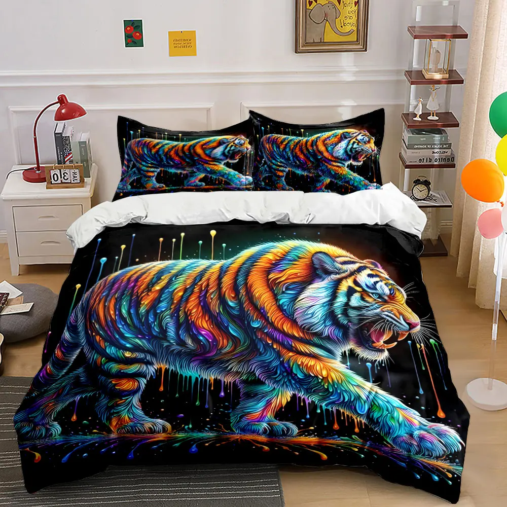 Roaring Tiger in Rainbow Graffiti Style Duvet Cover Set with 3D Printing Design Soft Polyester Bedding Set All-Season Comfort