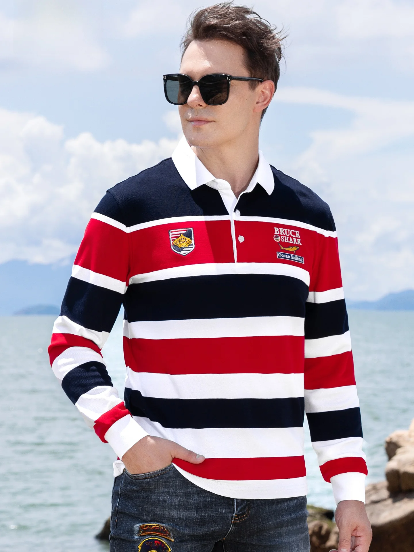 

Loose Fit Pure Cotton Long Sve Men's irt Bruce ark Brand Faionable Casual Sle Breathable Stripe Pattern T-irt