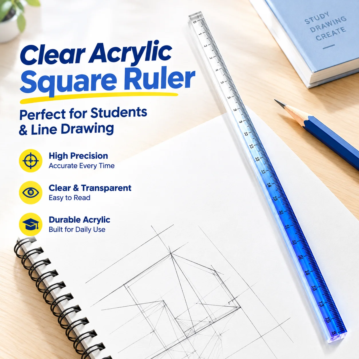 Clear Acrylic Square Ruler Student Measuring Tool for Line Drawing High Precision Transparent Stationery