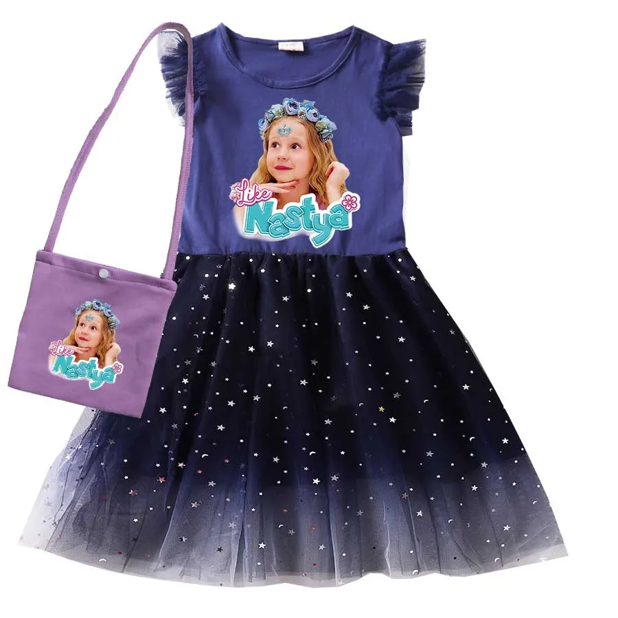 Russia Lovely Like Nastya Clothes Baby Girls Cartoon Casual Dresses Kids Fancy Party Princess Vestidos Children Dress Wreath Bag