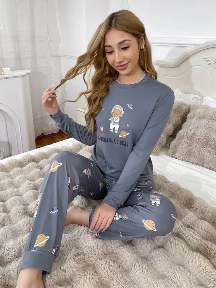 Print pyjamapak lente herfst mode O-hals lange mouwen tops lange broek tweedelige set dames casual comfort nachtjapon outfit