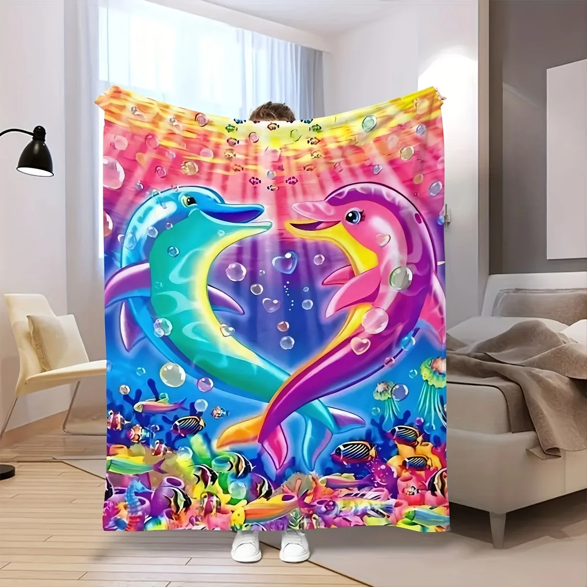 Colorful Heart Dolphin Coral Bubble Underwater Warm Flannel Blanket, Ocean Cartoon Print for Sofa Bedroom Camping Family Warm