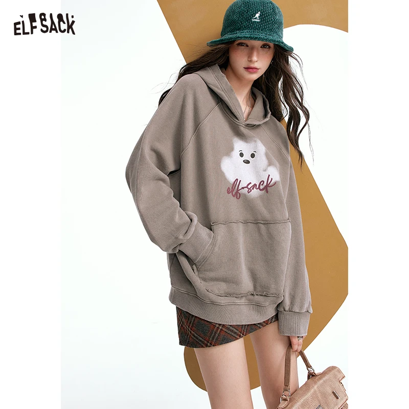 ELFSACK 2024 Autumn New Arrivals Retro Print Casual Hoodie for Women Loose Thin Sweatshirt