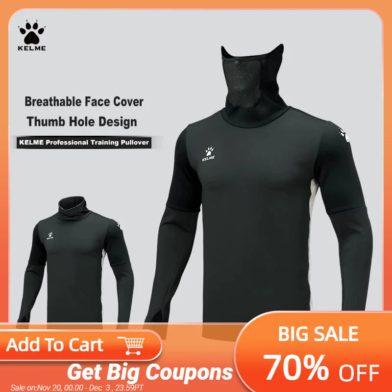 

KELME Pullover Training Wear Men Stretch Thumb Hole Design Base Warm Thickness Shirt Breathable Face Cover Sportswear 8161TT1003