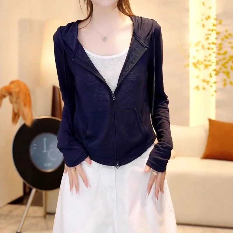 

Fake Two-piece Hooded Long-sleeved T-shirt for Women Korean Zipper Pocket Versatile Top