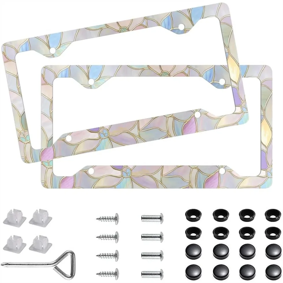 

2 Pcs Stained Glass Floral Aluminum Alloy License Plate Frame with Screw Cap, Cute Car Decor Gift for Her, Fits Standard US