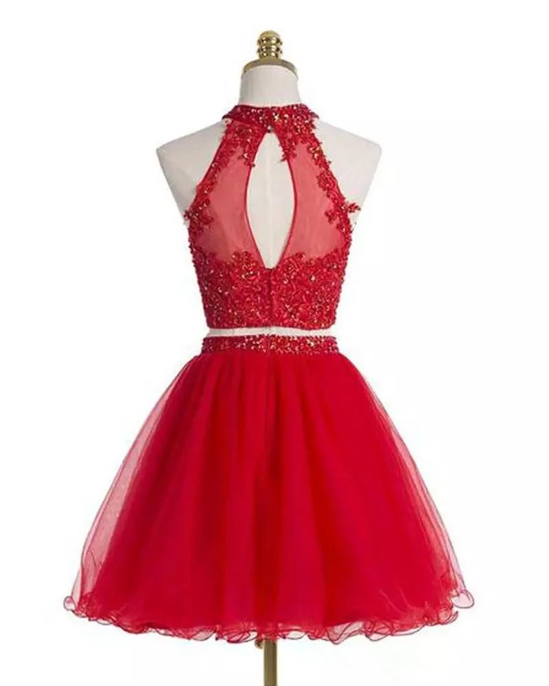 Red Two Pieces Tulle Homecoming Dresses Short Halter Junior Lace Sequined Crystal Prom Dress Evening Gowns vestidos de fiesta